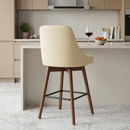 26" Cream And Brown Faux Leather And Fabric And Solid Wood Counter Height Swivel Bar Chair