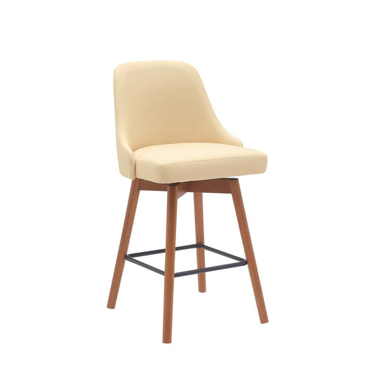 26" Cream And Brown Faux Leather And Fabric And Solid Wood Counter Height Swivel Bar Chair
