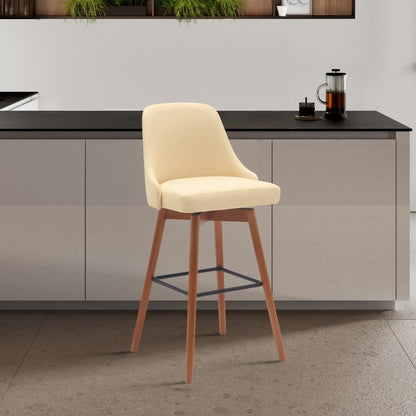 26" Cream And Brown Faux Leather And Fabric And Solid Wood Counter Height Swivel Bar Chair