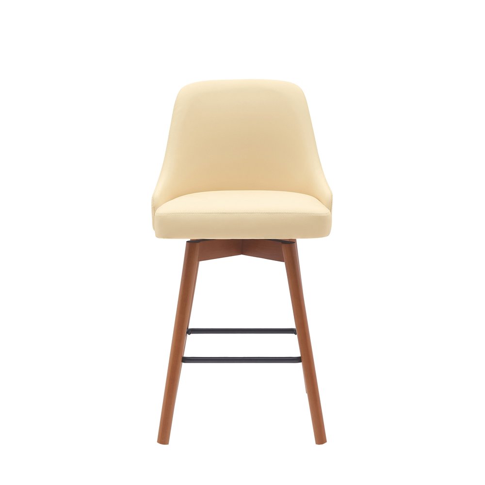 26" Cream And Brown Faux Leather And Fabric And Solid Wood Counter Height Swivel Bar Chair