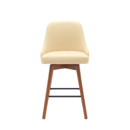 26" Cream And Brown Faux Leather And Fabric And Solid Wood Counter Height Swivel Bar Chair