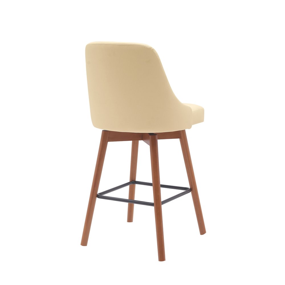 26" Cream And Brown Faux Leather And Fabric And Solid Wood Counter Height Swivel Bar Chair