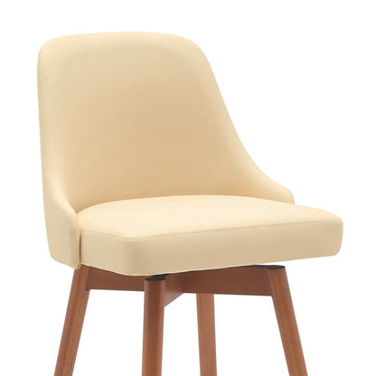 26" Cream And Brown Faux Leather And Fabric And Solid Wood Counter Height Swivel Bar Chair