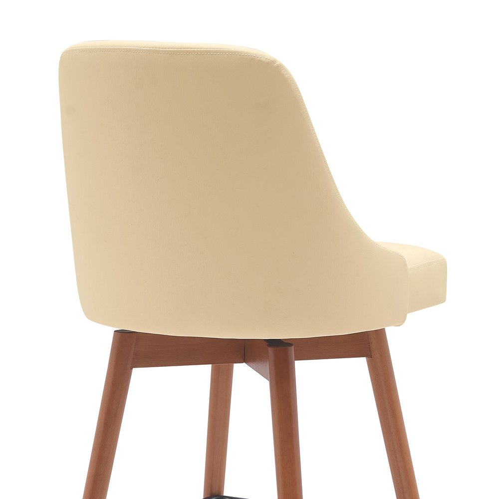 26" Cream And Brown Faux Leather And Fabric And Solid Wood Counter Height Swivel Bar Chair