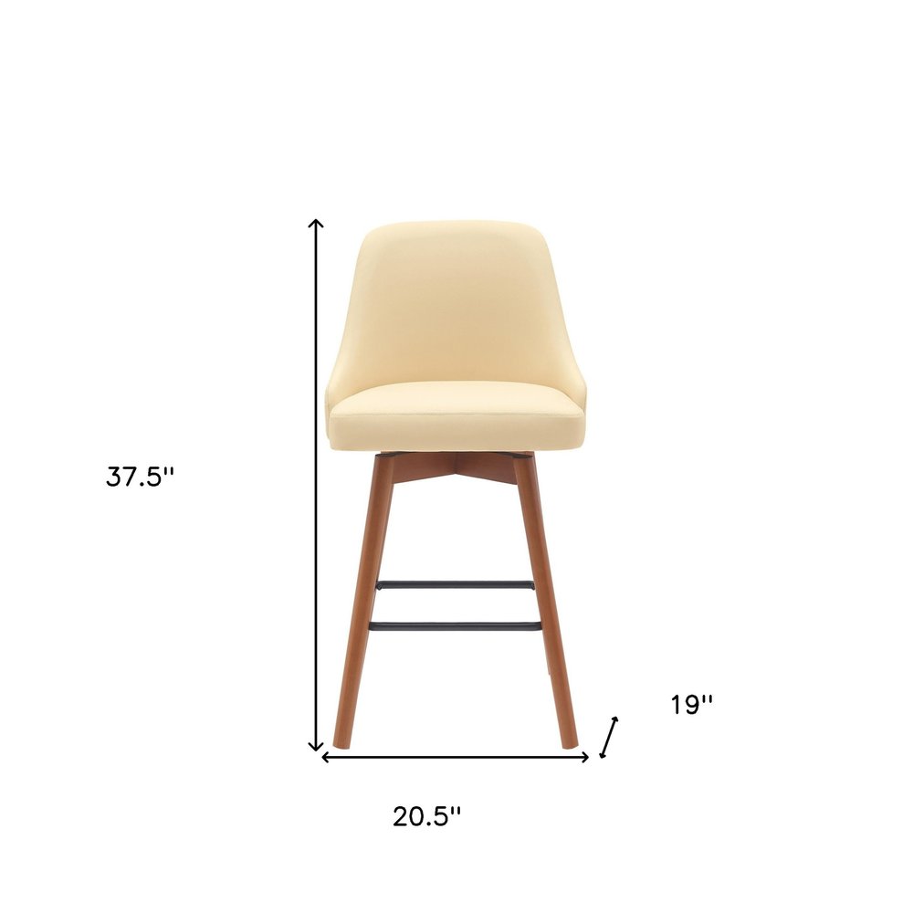 26" Cream And Brown Faux Leather And Fabric And Solid Wood Counter Height Swivel Bar Chair