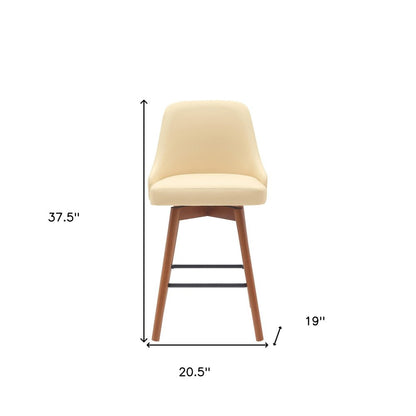 26" Cream And Brown Faux Leather And Fabric And Solid Wood Counter Height Swivel Bar Chair