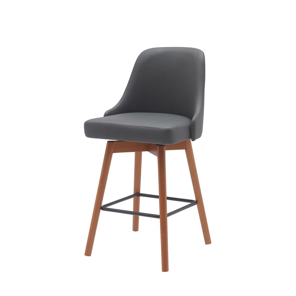 26" Gray And Brown Faux Leather And Fabric And Solid Wood Counter Height Swivel Bar Chair