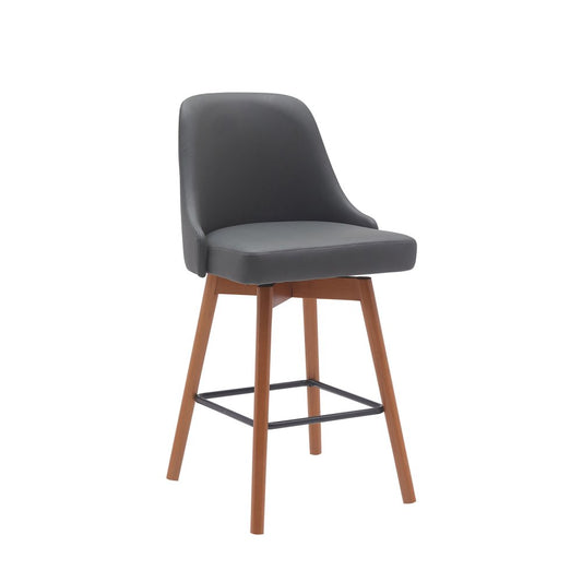 26" Gray And Brown Faux Leather And Fabric And Solid Wood Counter Height Swivel Bar Chair