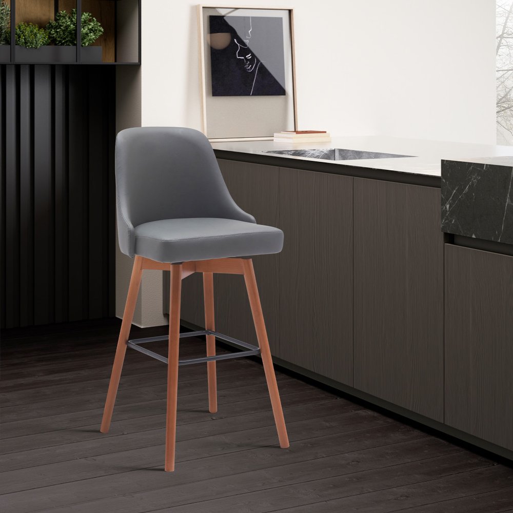 26" Gray And Brown Faux Leather And Fabric And Solid Wood Counter Height Swivel Bar Chair