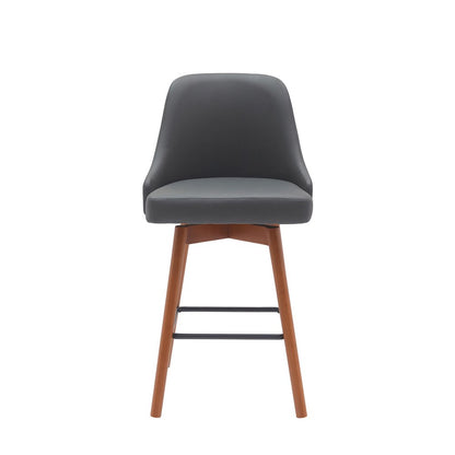 26" Gray And Brown Faux Leather And Fabric And Solid Wood Counter Height Swivel Bar Chair
