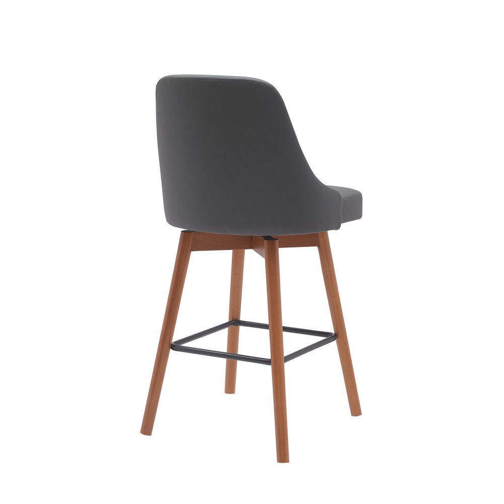 26" Gray And Brown Faux Leather And Fabric And Solid Wood Counter Height Swivel Bar Chair