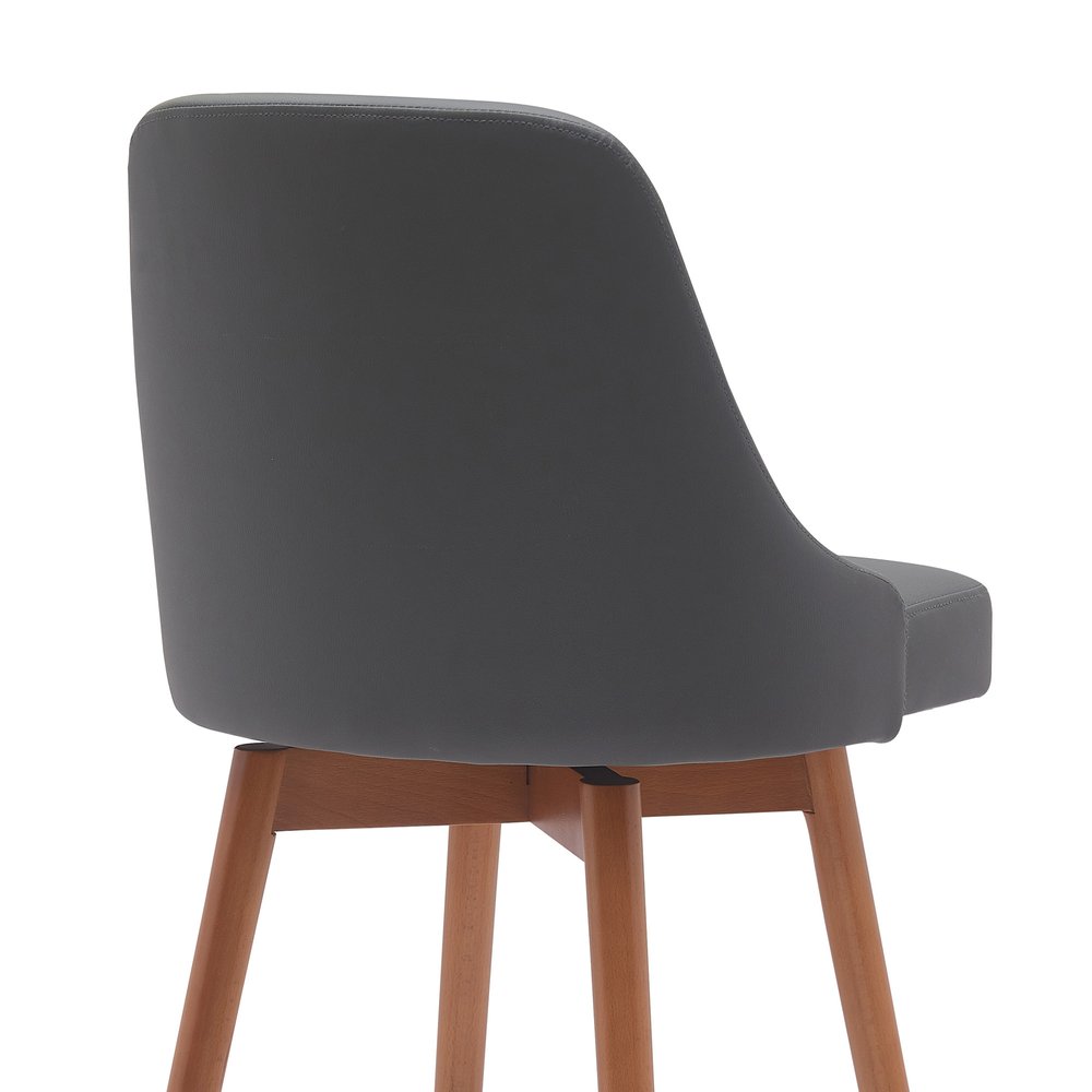 26" Gray And Brown Faux Leather And Fabric And Solid Wood Counter Height Swivel Bar Chair