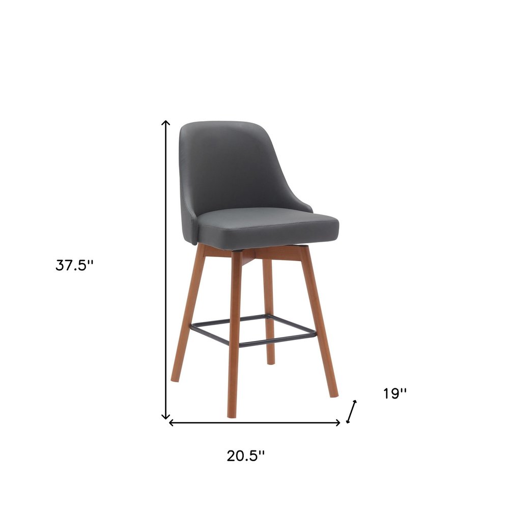 26" Gray And Brown Faux Leather And Fabric And Solid Wood Counter Height Swivel Bar Chair