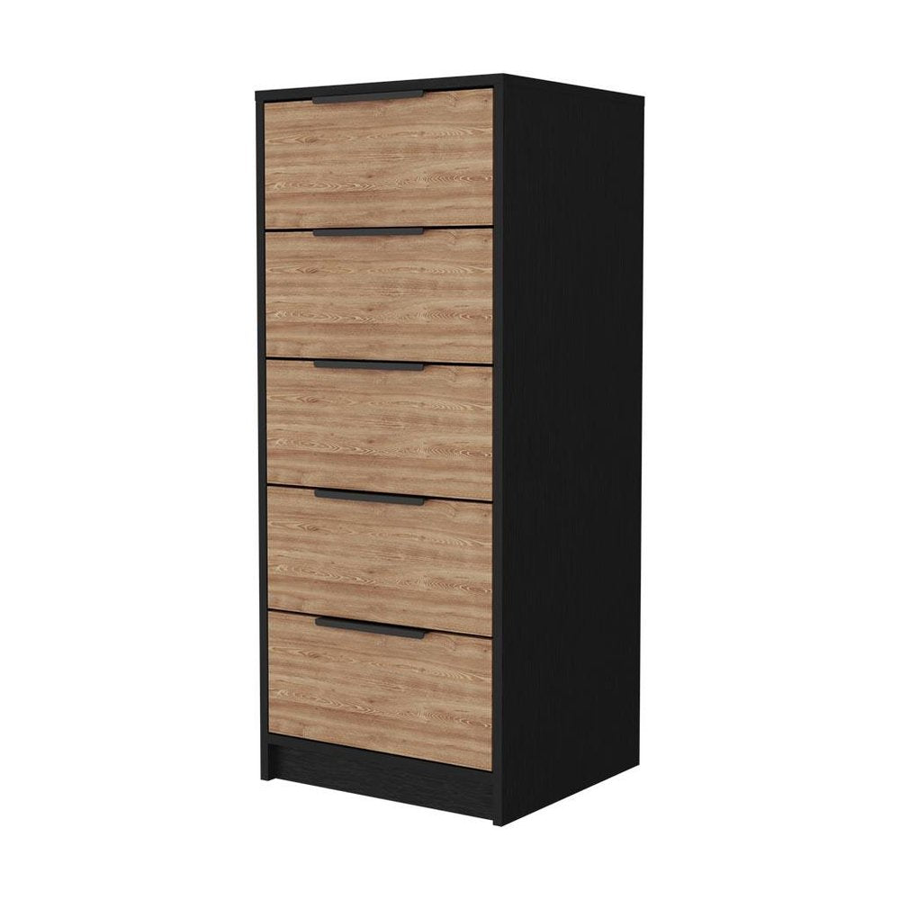 18" Black And Light Brown Wood Five Drawer Dresser