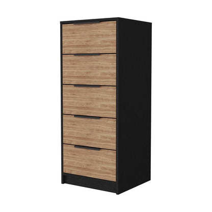 18" Black And Light Brown Wood Five Drawer Dresser
