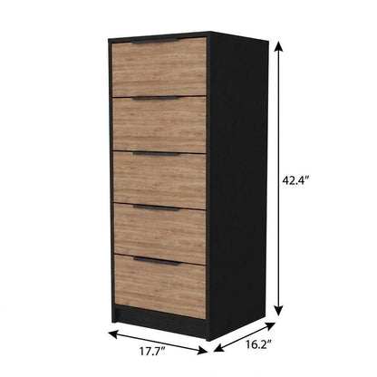 18" Black And Light Brown Wood Five Drawer Dresser