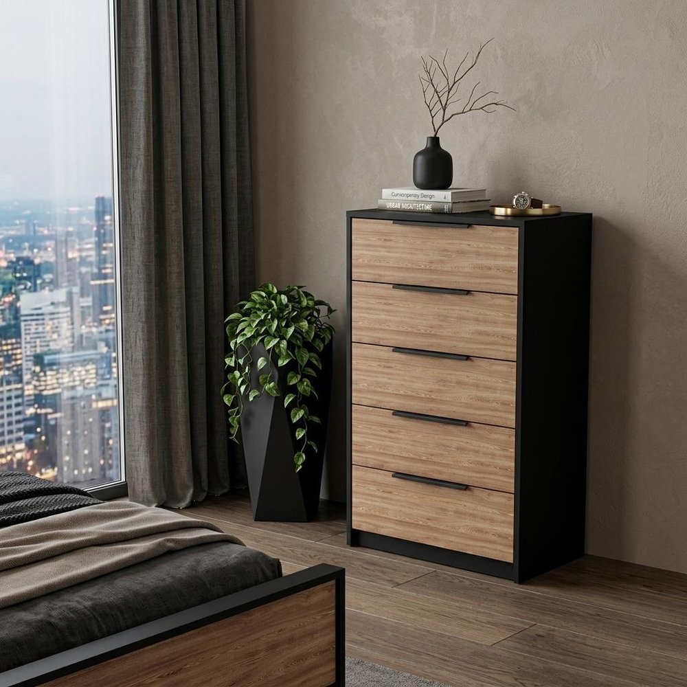 18" Black And Light Brown Wood Five Drawer Dresser