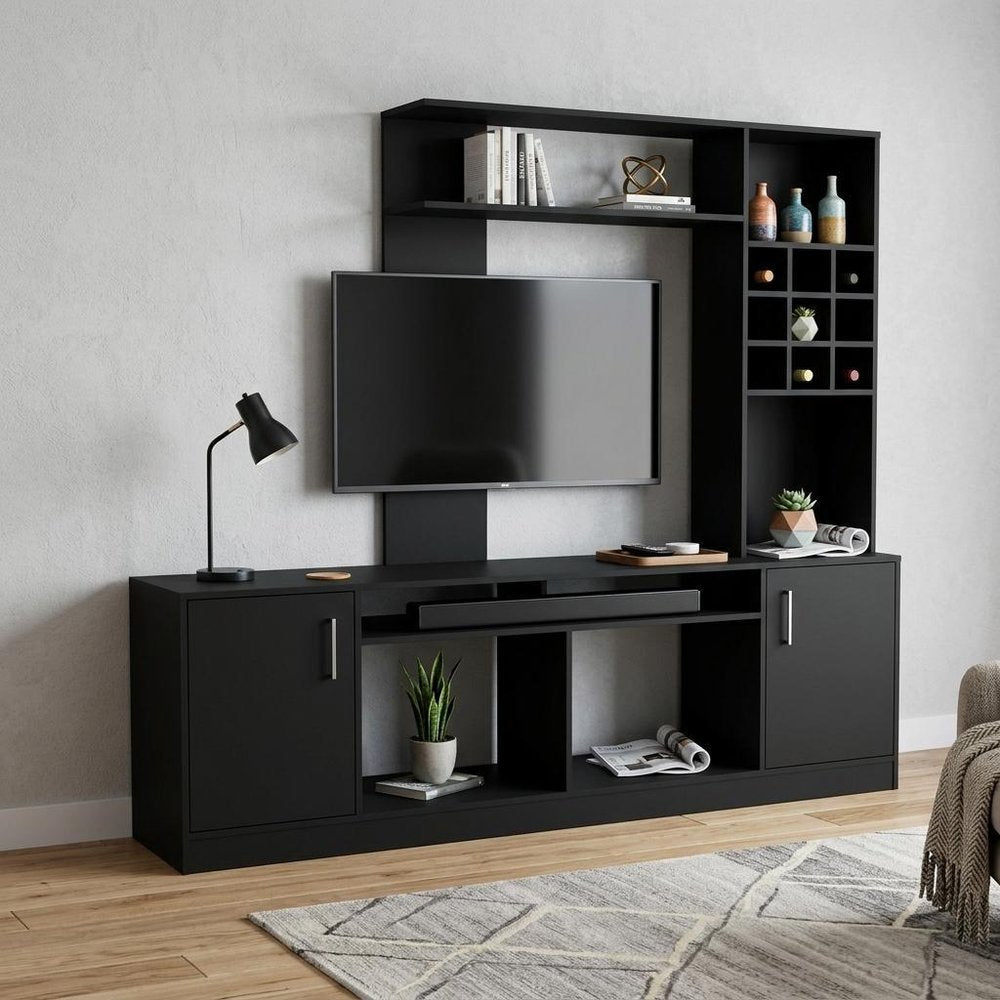 78" Black Wood Enclosed and Open Storage Entertainment Center with Bookcase