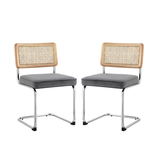 Set of Two Navy Blue and Silver Upholstered Velvet Dining Side Chairs
