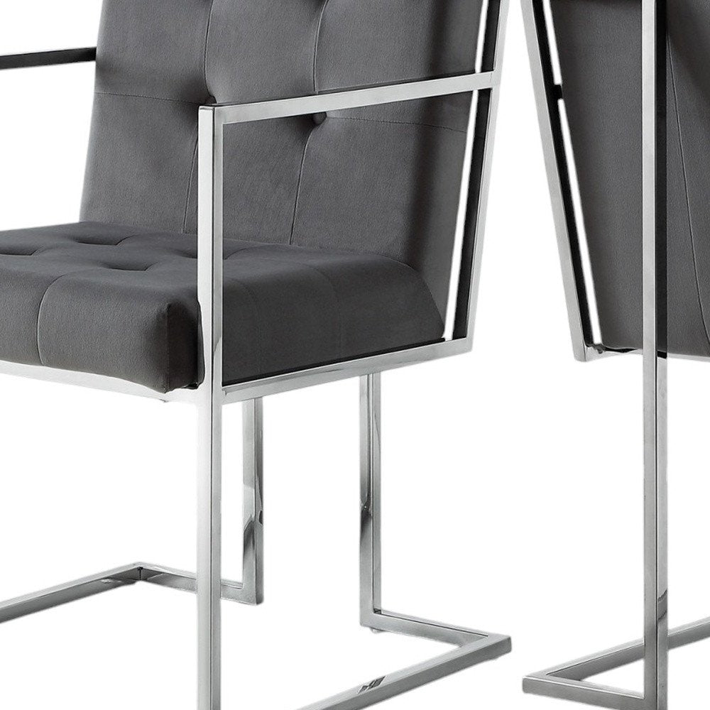 Set of Two Tufted Gray and Silver Metallic Upholstered Velvet Dining Arm Chairs