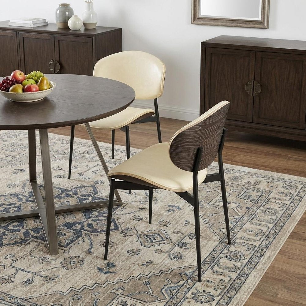 Set of Two Off White and Black Upholstered Faux Leather Curved Back Dining Side Chairs
