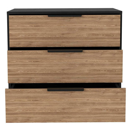 28" Natural And Black Wood Three Drawer Dresser