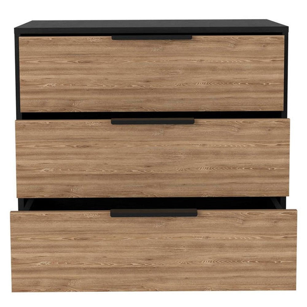 28" Natural And Black Wood Three Drawer Dresser