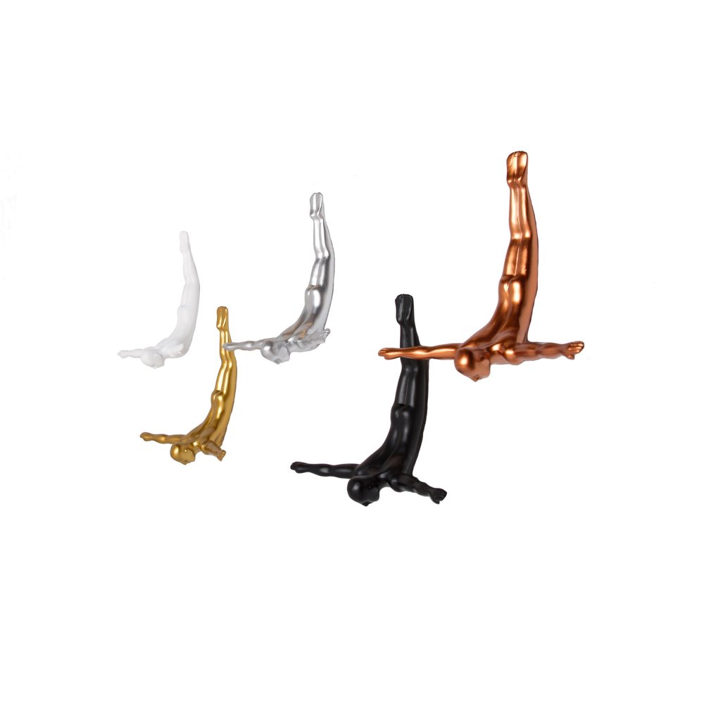 Set of Five Black White And Metallic Resin Diving Man Hanging Dimensional Sculpture