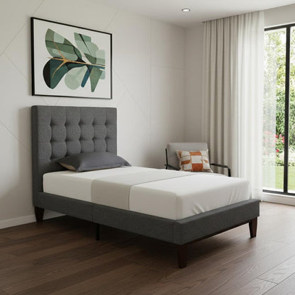 Beige Solid Wood Full Tufted Upholstered Linen Bed