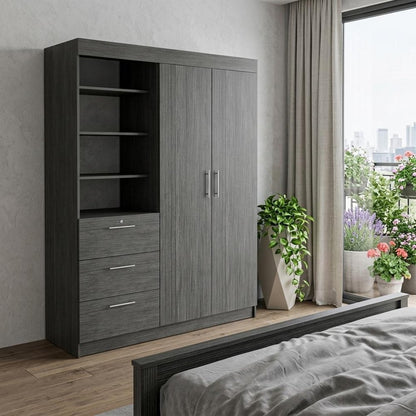 79" Gray Wood Two Door Three Drawer Combo Dresser