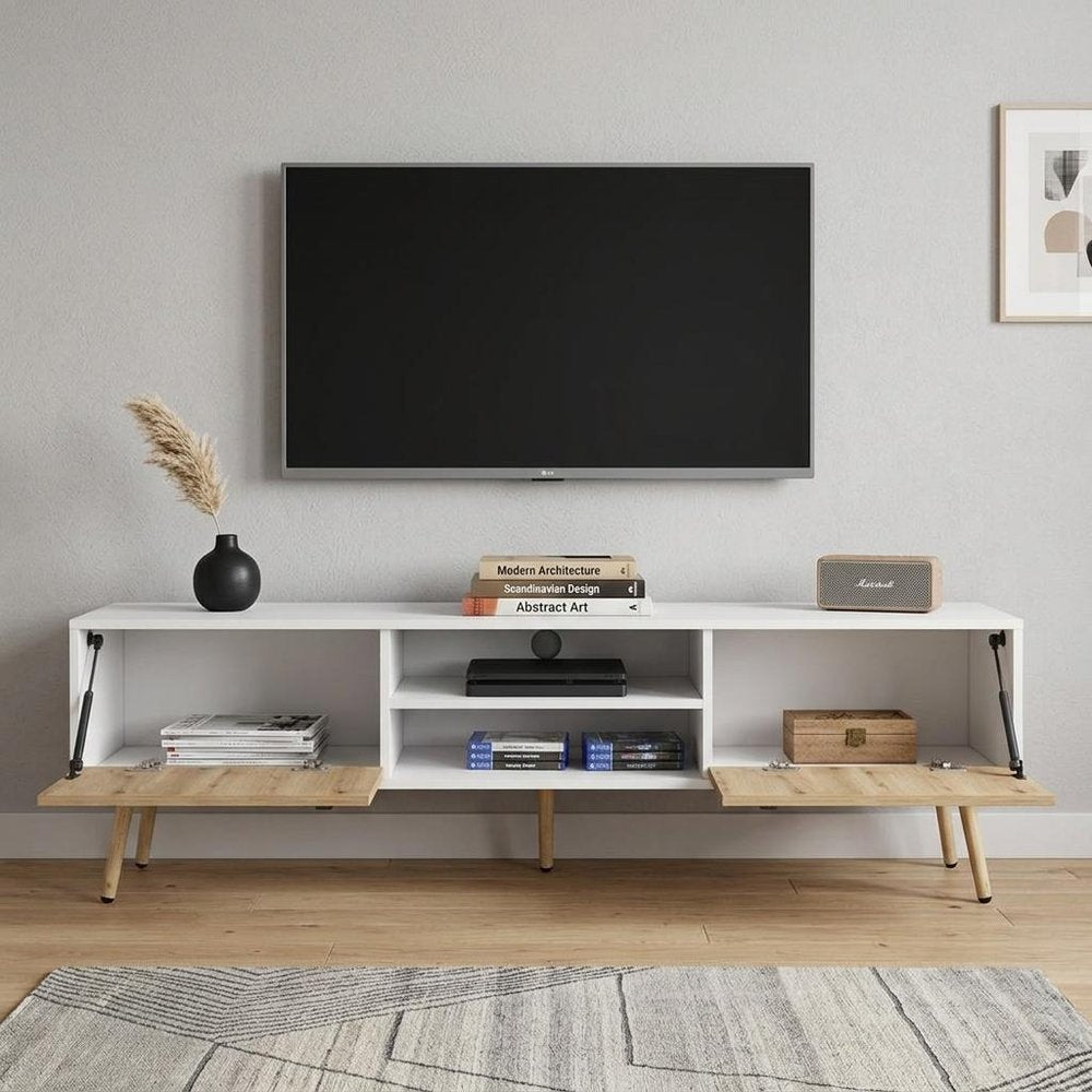 71" White And Beige Enclosed And Open Storage TV Stand