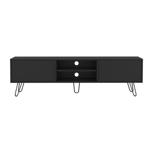 71" Black Wood Enclosed And Open Storage TV Stand