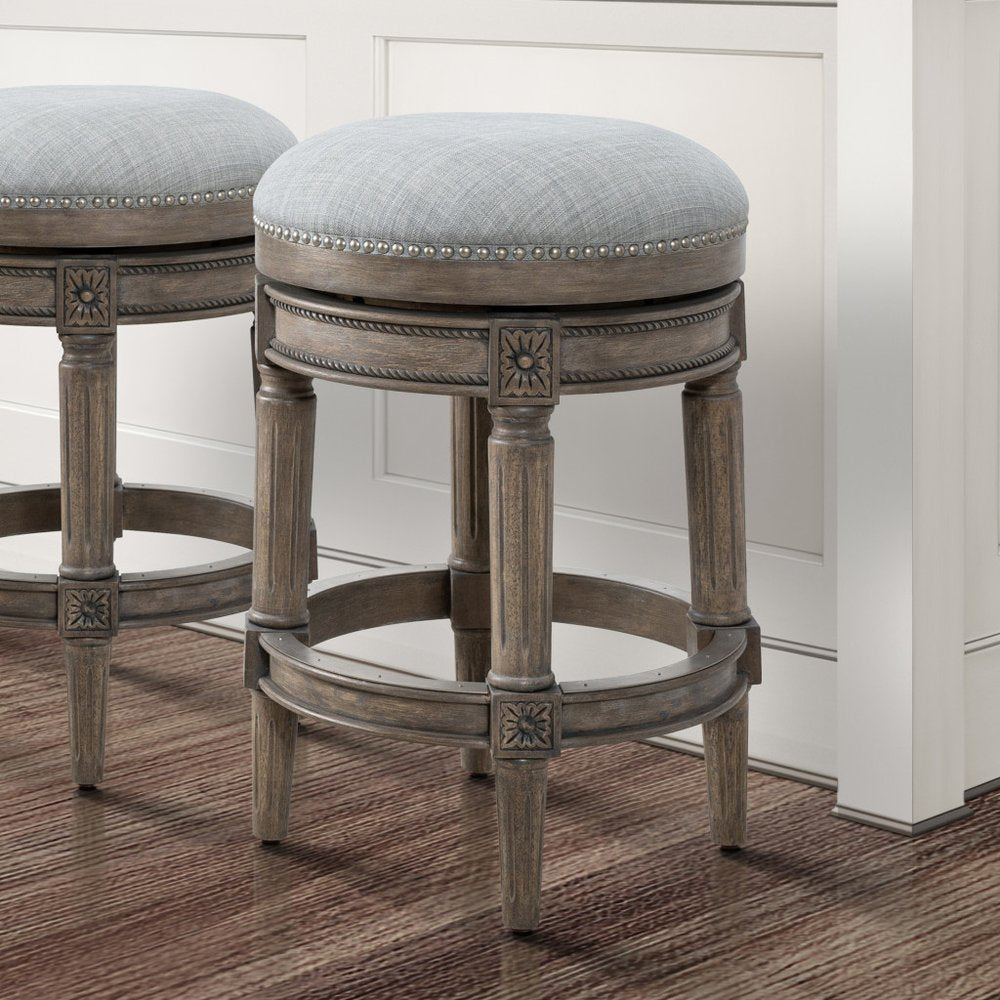 26" Gray Fabric And Solid Wood Backless Counter Height Swivel Bar Chair