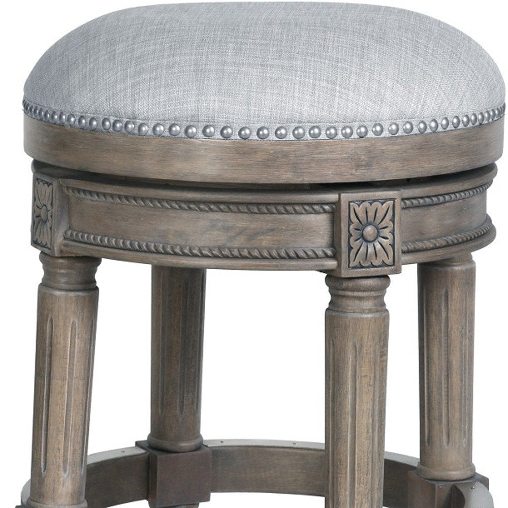 26" Gray Fabric And Solid Wood Backless Counter Height Swivel Bar Chair