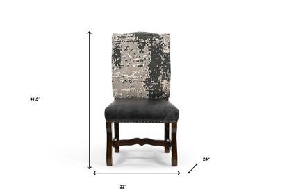Set of Two Black Gray And Dark Brown Solid Wood Upholstered Chenille And Leather Dining Side Chairs