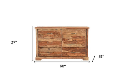 60" Brown Solid Wood Six Drawer Double Dresser