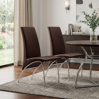 Set of Two Dark Brown And Silver Faux Leather And Metal Dining Side Chairs