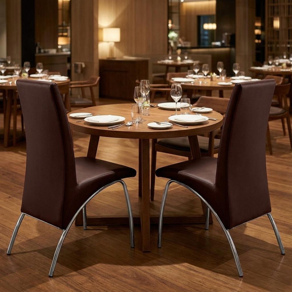 Set of Two Dark Brown And Silver Faux Leather And Metal Dining Side Chairs