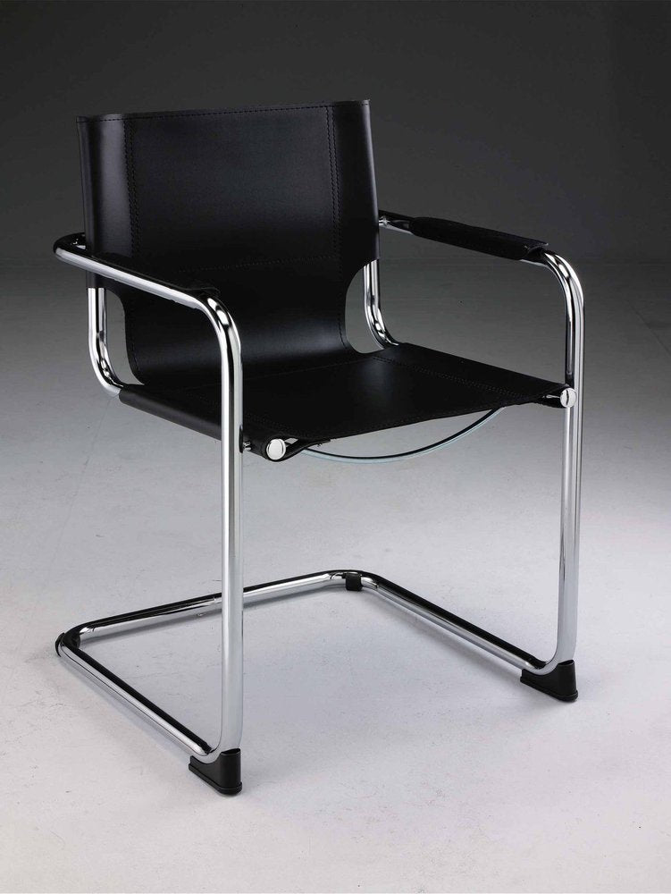 Set of Two Black and Silver Metal and Leather Dining Arm Chairs