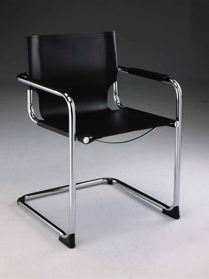 Set of Two Black and Silver Metal and Leather Dining Arm Chairs
