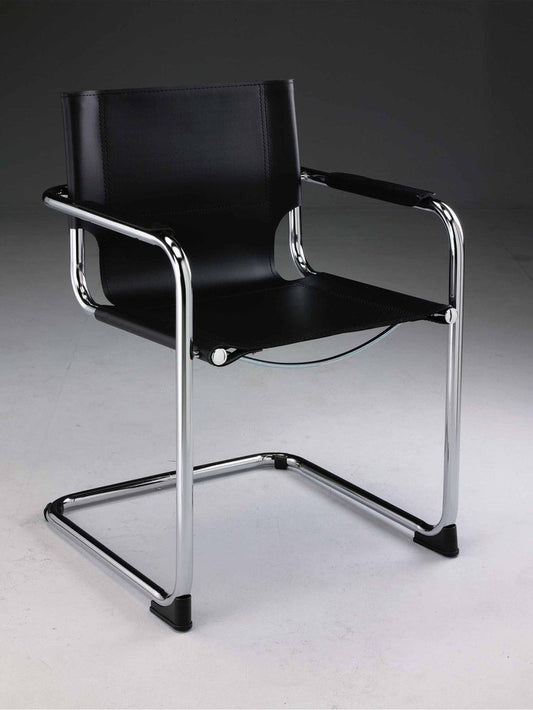 Set of Two Black and Silver Metal and Leather Dining Arm Chairs