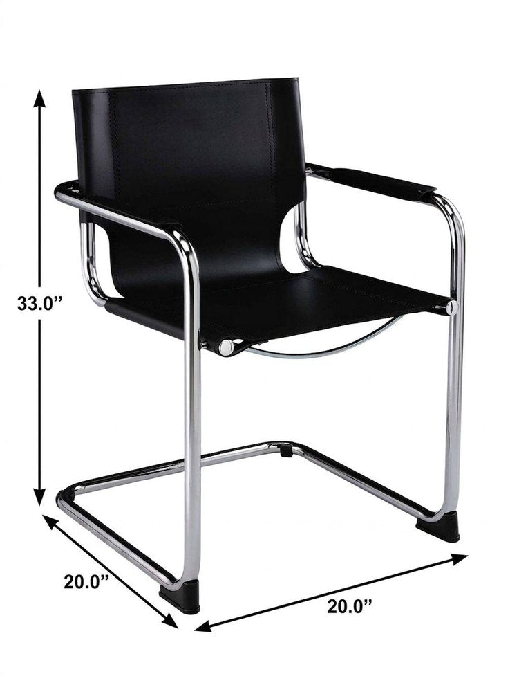 Set of Two Black and Silver Metal and Leather Dining Arm Chairs