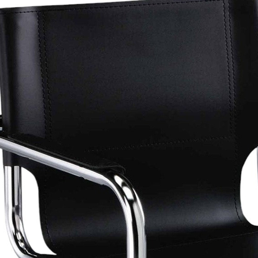 Set of Two Black and Silver Metal and Leather Dining Arm Chairs