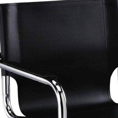 Set of Two Black and Silver Metal and Leather Dining Arm Chairs