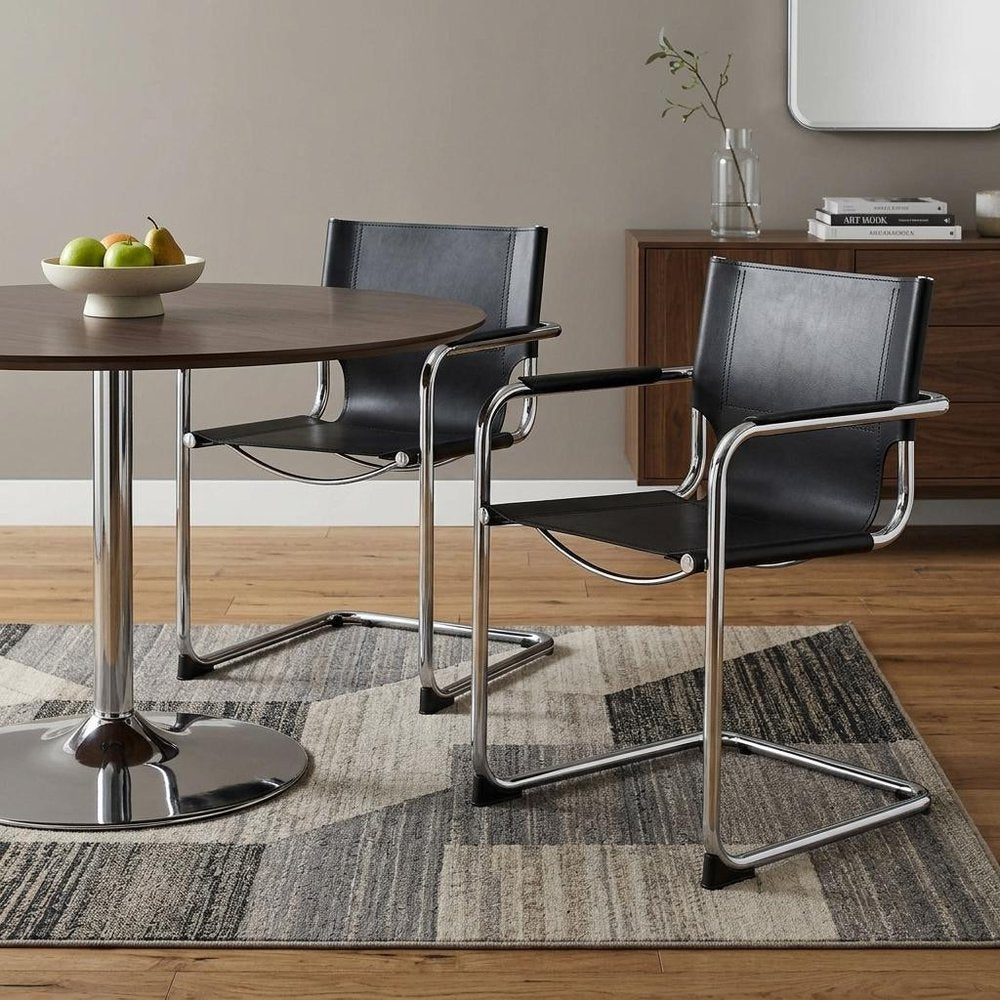 Set of Two Black and Silver Metal and Leather Dining Arm Chairs