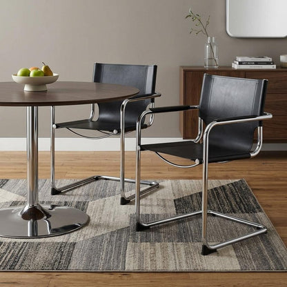 Set of Two Black and Silver Metal and Leather Dining Arm Chairs