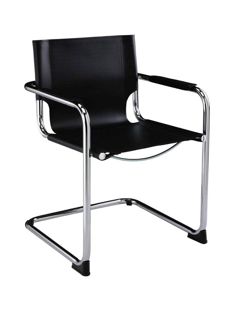 Set of Two Black and Silver Metal and Leather Dining Arm Chairs