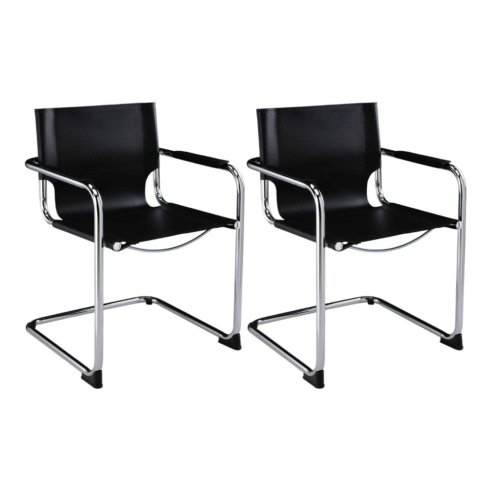 Set of Two Black and Silver Metal and Leather Dining Arm Chairs