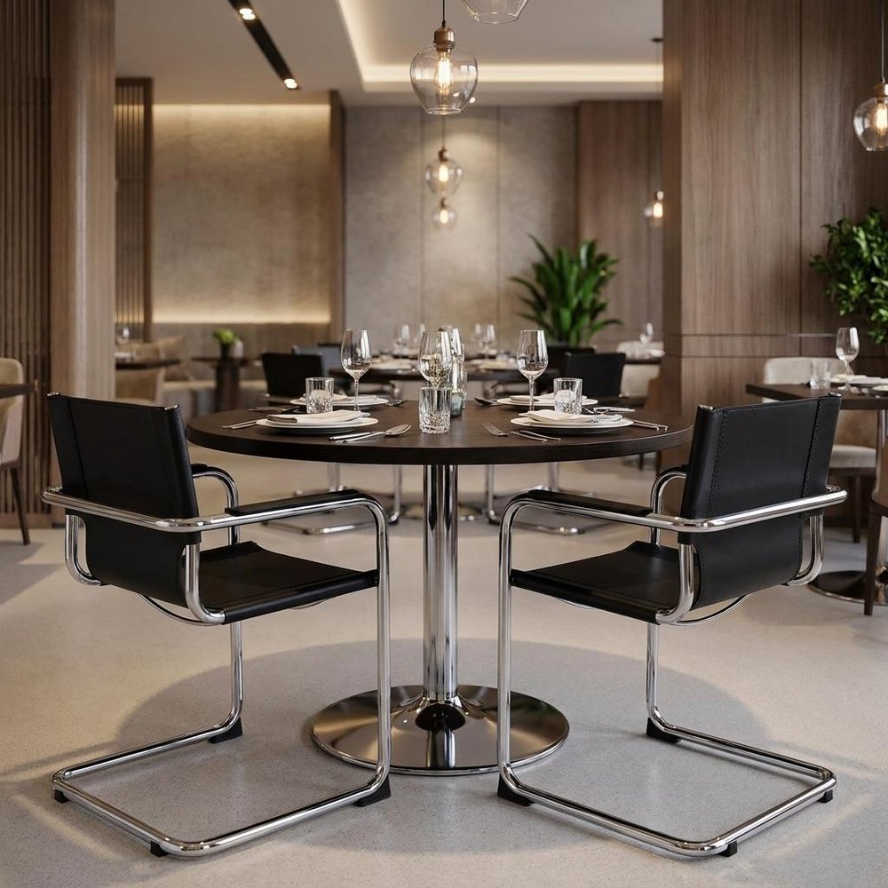 Set of Two Black and Silver Metal and Leather Dining Arm Chairs