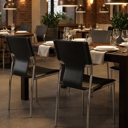 Set of Four Black and Silver Metal and Leather Partially Open Back Dining Side Chairs